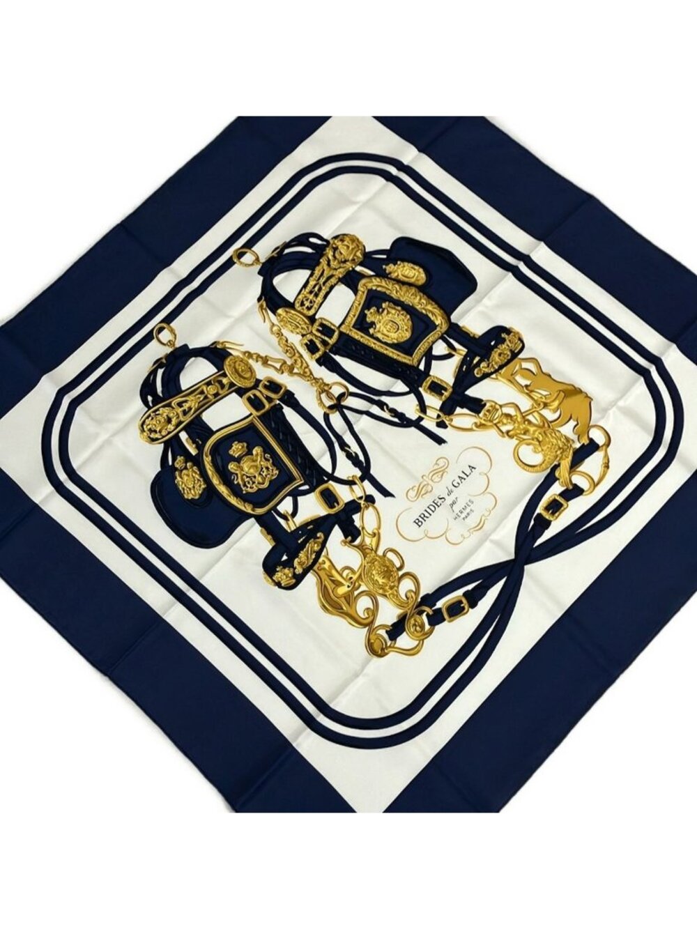 Hermes Scarf Carre 90 Blue White Gold Brides de Gala